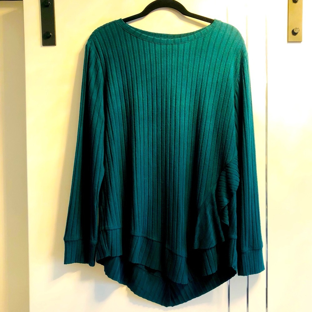 Westbound Large Teal Green Long line Sweater Tunic Asymmetrical Ruffled Rib Knit